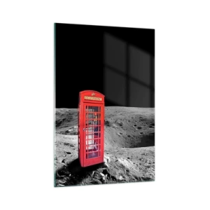 Cuadro sobre vidrio - Impresiones sobre Vidrio - Cabina telefónica roja en la luna - 70x100cm - Una broma cósmica - Decoración de pared moderna para salón y dormitorio ARTTOR