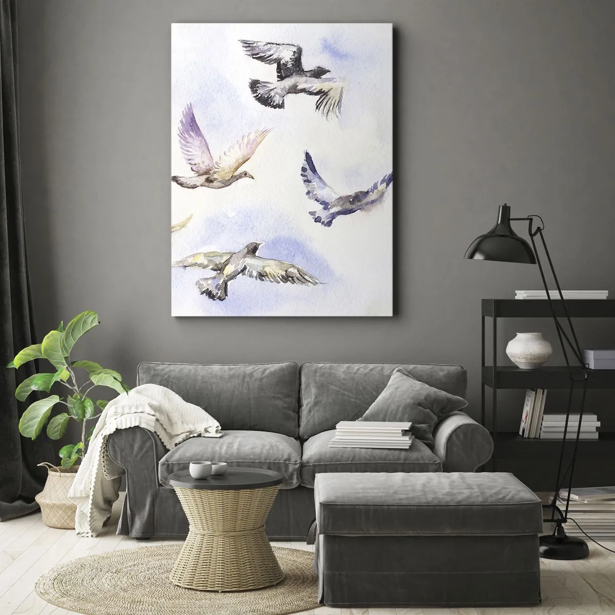 Cuadro sobre lienzo - Impresión de Imagen - Pájaros de acuarela en vuelo contra un cielo delicado. - 50x70cm - Libertad en gris y azul - Decoración de pared moderna para salón y dormitorio ARTTOR