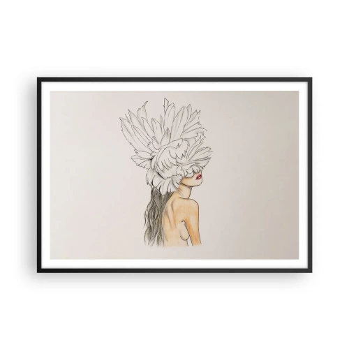 Póster en marco negro - Retrato de una mujer con decoración de plumas en estilo artístico. - 100x70cm - Belleza coronada - Decoración de pared moderna para salón y dormitorio ARTTOR