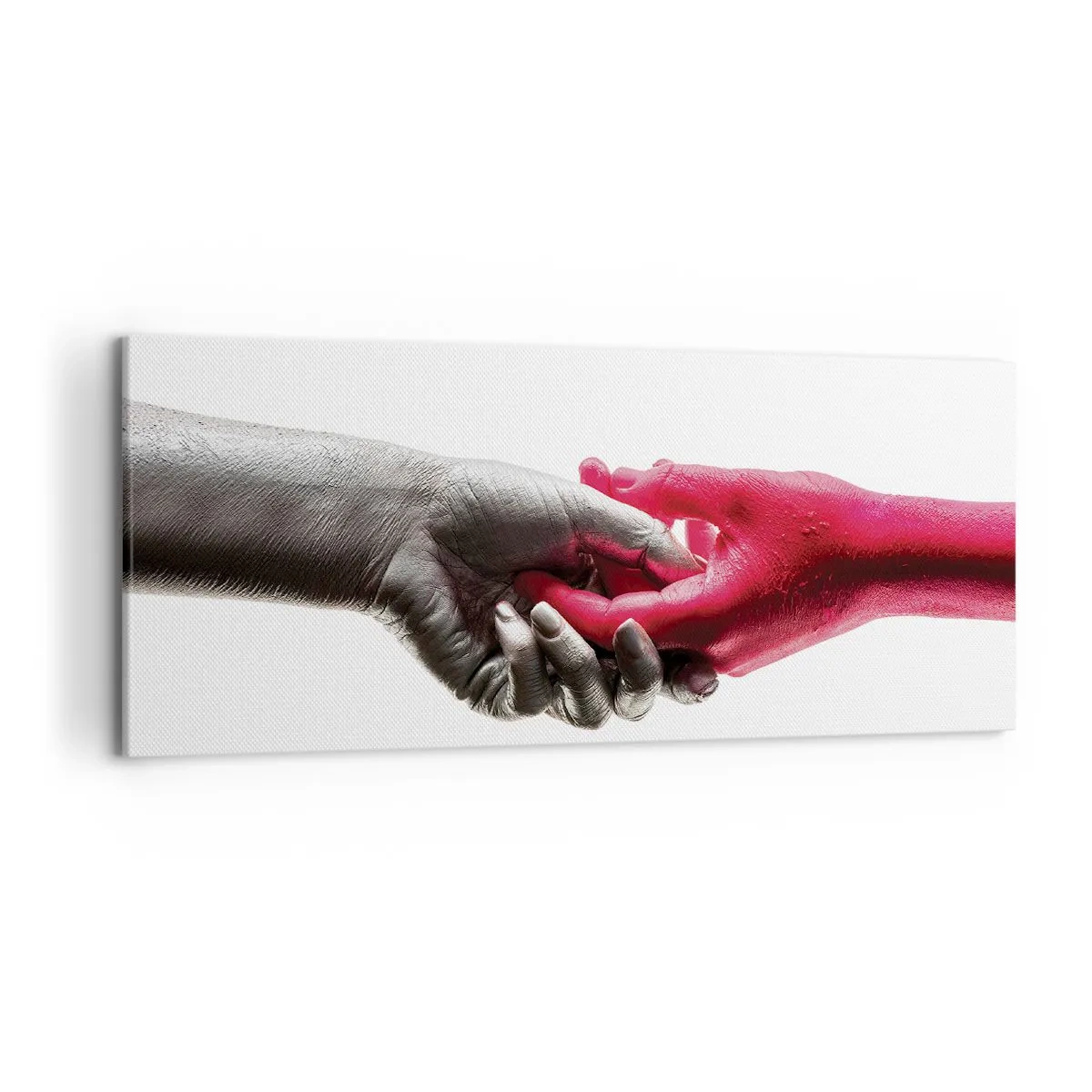 Cuadro sobre lienzo - Impresión de Imagen - Manos simbólicas en plata y rojo. - 120x50cm - Juntos, aunque diferentes - Decoración de pared moderna para salón y dormitorio ARTTOR