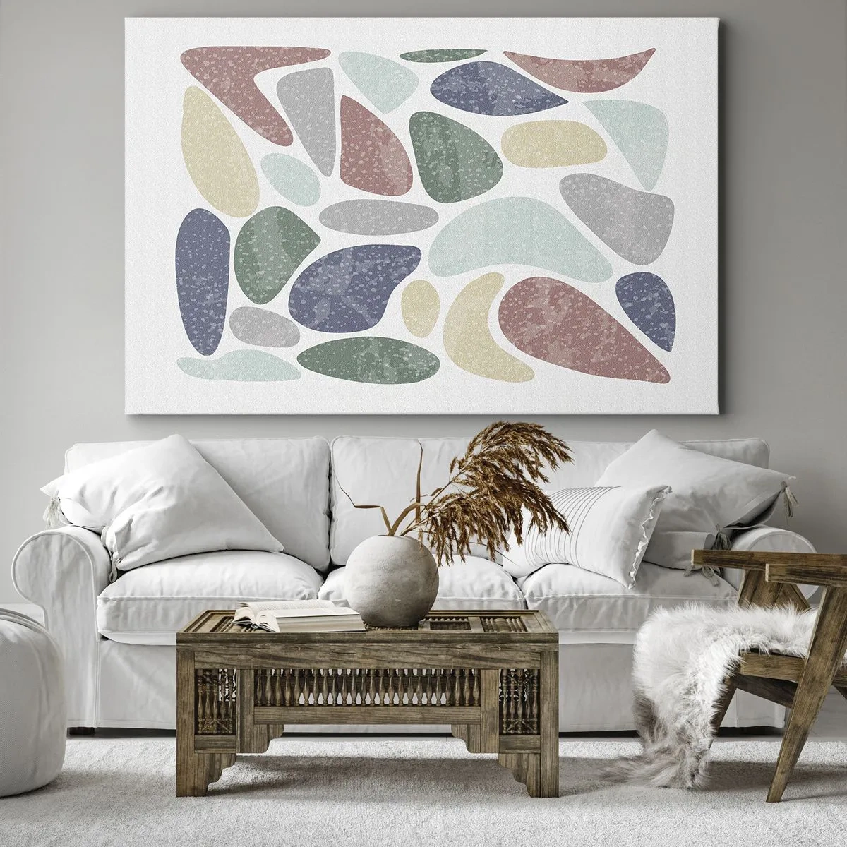 Cuadro sobre lienzo - Impresión de Imagen - Formas orgánicas coloridas sobre un fondo blanco - 70x50cm - Mosaico de colores empolvados - Decoración de pared moderna para salón y dormitorio ARTTOR