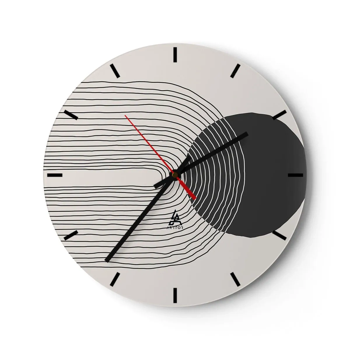 Reloj de pared - Reloj de vidrio - Líneas abstractas y un círculo negro sobre un fondo claro en una composición gráfica. - 30x30cm - Temblor y certeza - Decoración de pared moderna para salón, cocina y dormitorio ARTTOR