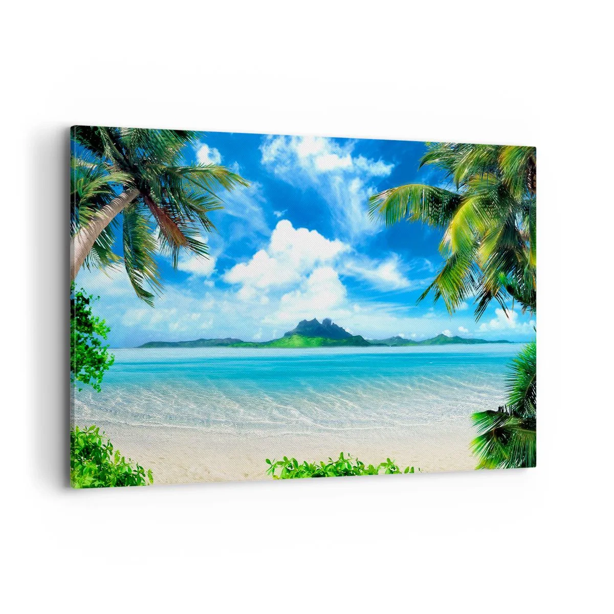 Cuadro sobre lienzo - Impresión de Imagen - Playa tropical con palmeras y vista a la isla. - 120x80cm - El azul de los trópicos - Decoración de pared moderna para salón y dormitorio ARTTOR