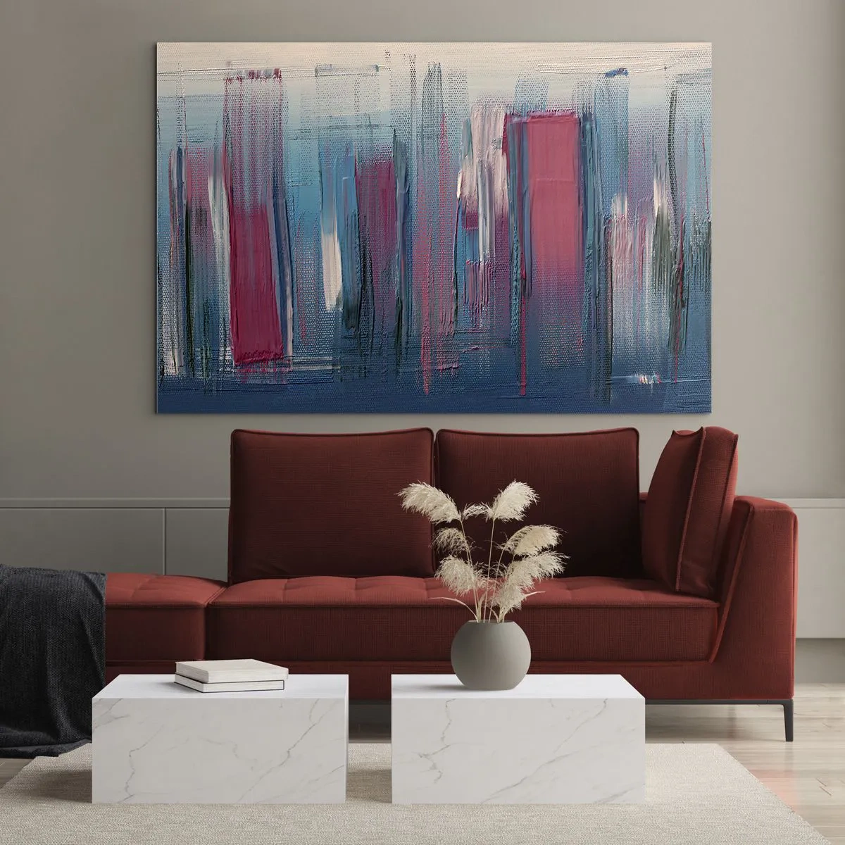 Cuadro sobre vidrio - Impresiones sobre Vidrio - Pinceladas verticales en rojo y azul sobre fondo beige - 70x50cm - Composición vertical en azul y rojo - Decoración de pared moderna para salón y dormitorio ARTTOR