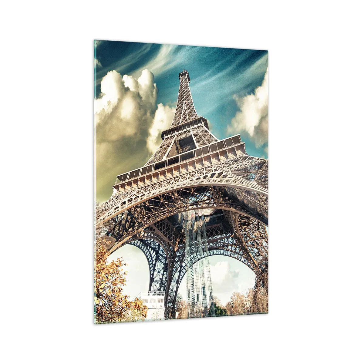 Cuadro sobre vidrio - Impresiones sobre Vidrio - La Torre Eiffel desde abajo en un entorno otoñal - 70x100cm - Y en París, en otoño... - Decoración de pared moderna para salón y dormitorio ARTTOR