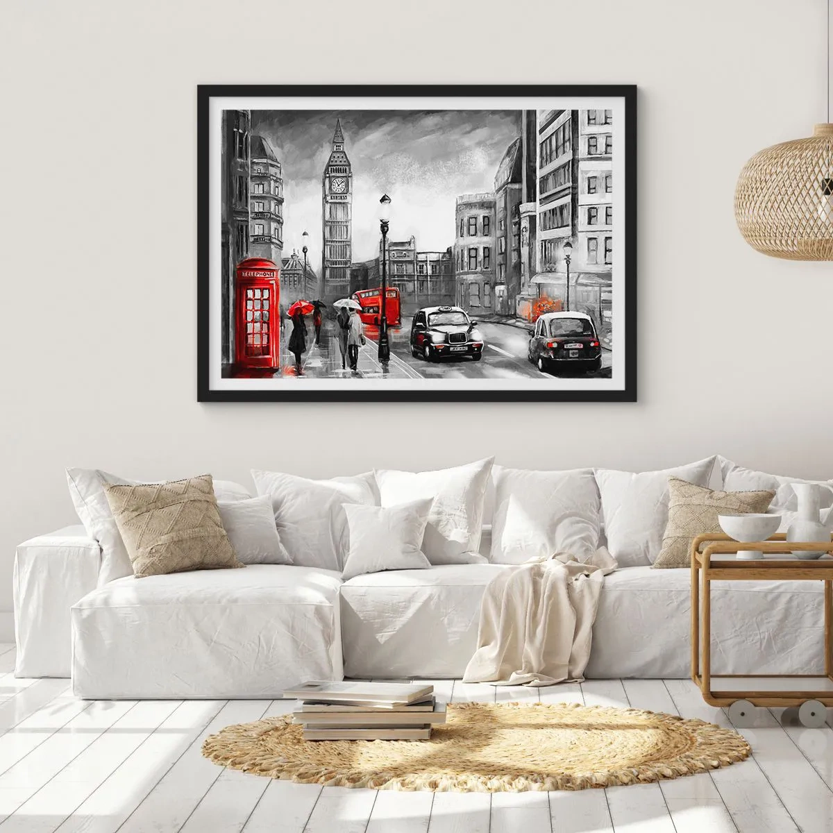 Póster en marco negro - Una escena de Londres en blanco y negro con acentos rojos. - 70x50cm - No tan gris como la pintan - Decoración de pared moderna para salón y dormitorio ARTTOR