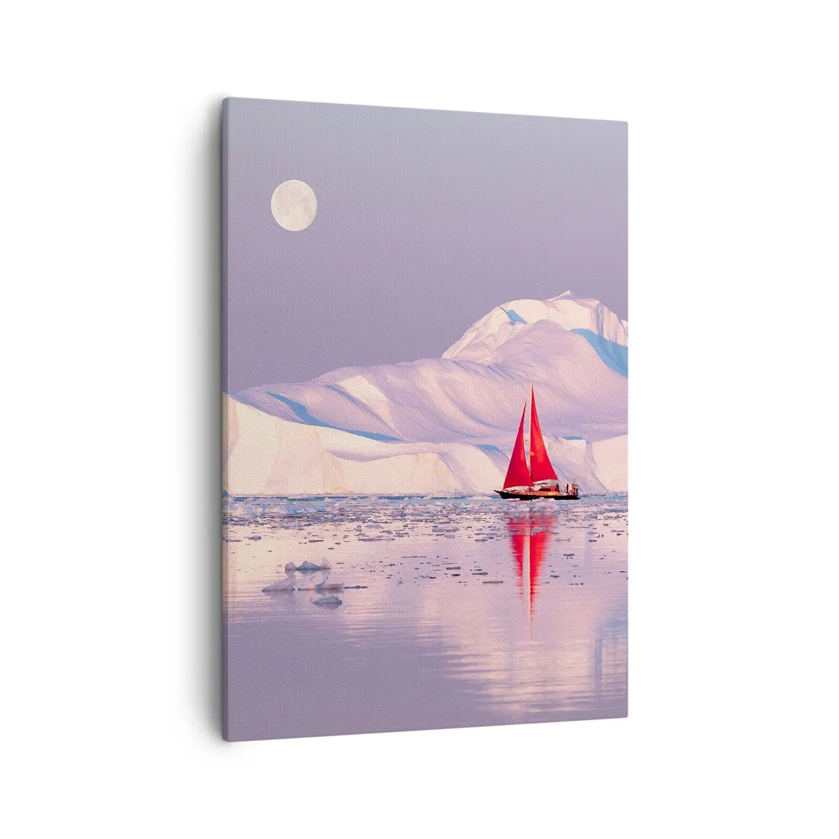 Cuadro sobre lienzo - Impresión de Imagen - Una vela roja con el telón de fondo de montañas heladas y una luna llena. - 50x70cm - El calor de la vela, el frío del hielo - Decoración de pared moderna para salón y dormitorio ARTTOR
