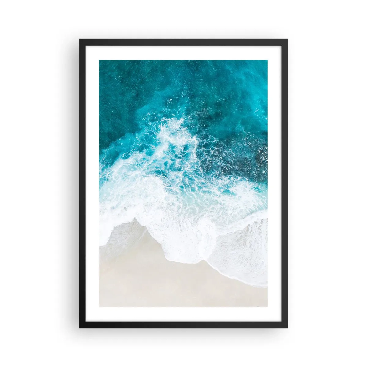 Póster en marco negro - Vista aérea de olas turquesas rompiendo en una playa de arena. - 50x70cm - Una caricia natural - Decoración de pared moderna para salón y dormitorio ARTTOR
