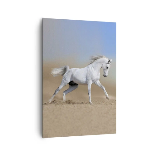 Cuadro sobre lienzo - Impresión de Imagen - Un caballo blanco galopando a través de un paisaje desértico. - 70x100cm - El más bello cuento de hadas árabe - Decoración de pared moderna para salón y dormitorio ARTTOR