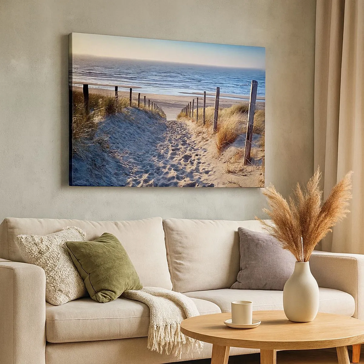 Cuadro sobre lienzo - Impresión de Imagen - Camino a través de las dunas que conduce a la playa. - 70x50cm - El sonido del mar, el canto de los pájaros, una playa virgen entre las dunas... - Decoración de pared moderna para salón y dormitorio ARTTOR