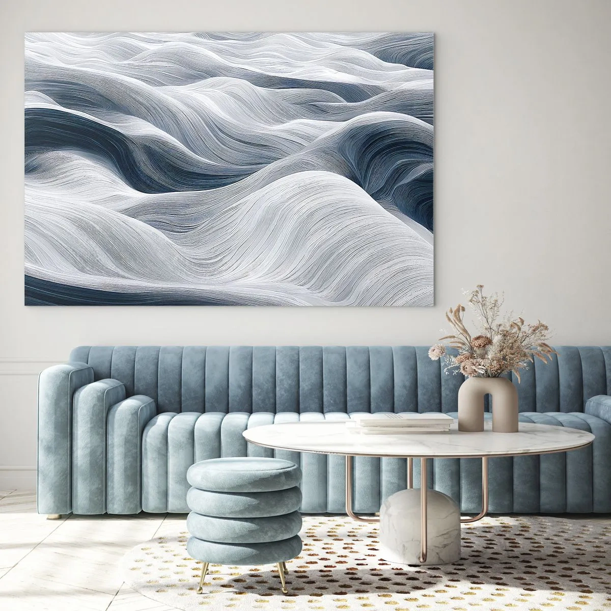 Cuadro sobre vidrio - Impresiones sobre Vidrio - Ondas abstractas en tonos de blanco y azul que crean un efecto de movimiento. - 100x70cm - Olas blancas y azules - Decoración de pared moderna para salón y dormitorio ARTTOR