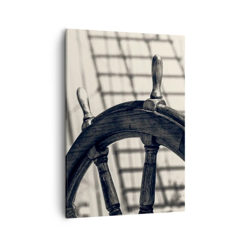 Cuadro sobre lienzo - Impresión de Imagen - Un timón de vela de estilo retro con un barco al fondo. - 50x70cm - Un cuento marino - Decoración de pared moderna para salón y dormitorio ARTTOR