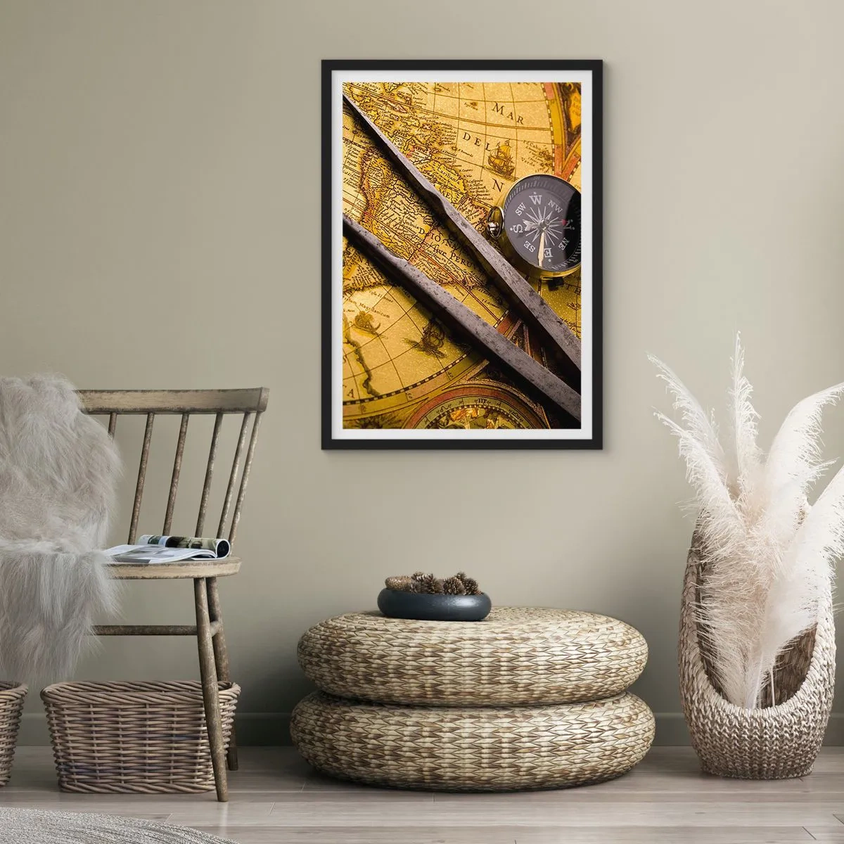 Póster en marco negro - Mapa antiguo con brújula y herramientas de navegación. - 50x70cm - ¿Dónde están los tesoros? - Decoración de pared moderna para salón y dormitorio ARTTOR