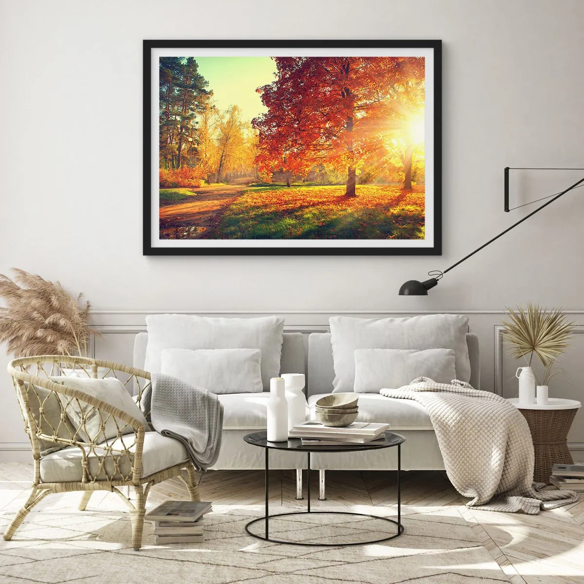 Póster en marco negro - Parque otoñal iluminado por la luz del sol - 100x70cm - El rojo es hermoso - Decoración de pared moderna para salón y dormitorio ARTTOR