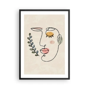Póster en marco negro - Retrato de línea minimalista de una mujer sobre un fondo beige. - 50x70cm - Calma encontrada - Decoración de pared moderna para salón y dormitorio ARTTOR