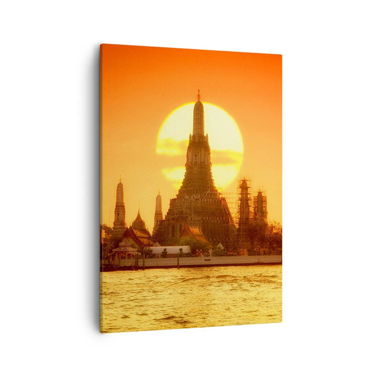 Cuadro sobre lienzo - Impresión de Imagen - Puesta de sol sobre el templo con reflejo en el agua. - 50x70cm - Hacia el sol, siempre hacia el sol - Decoración de pared moderna para salón y dormitorio ARTTOR