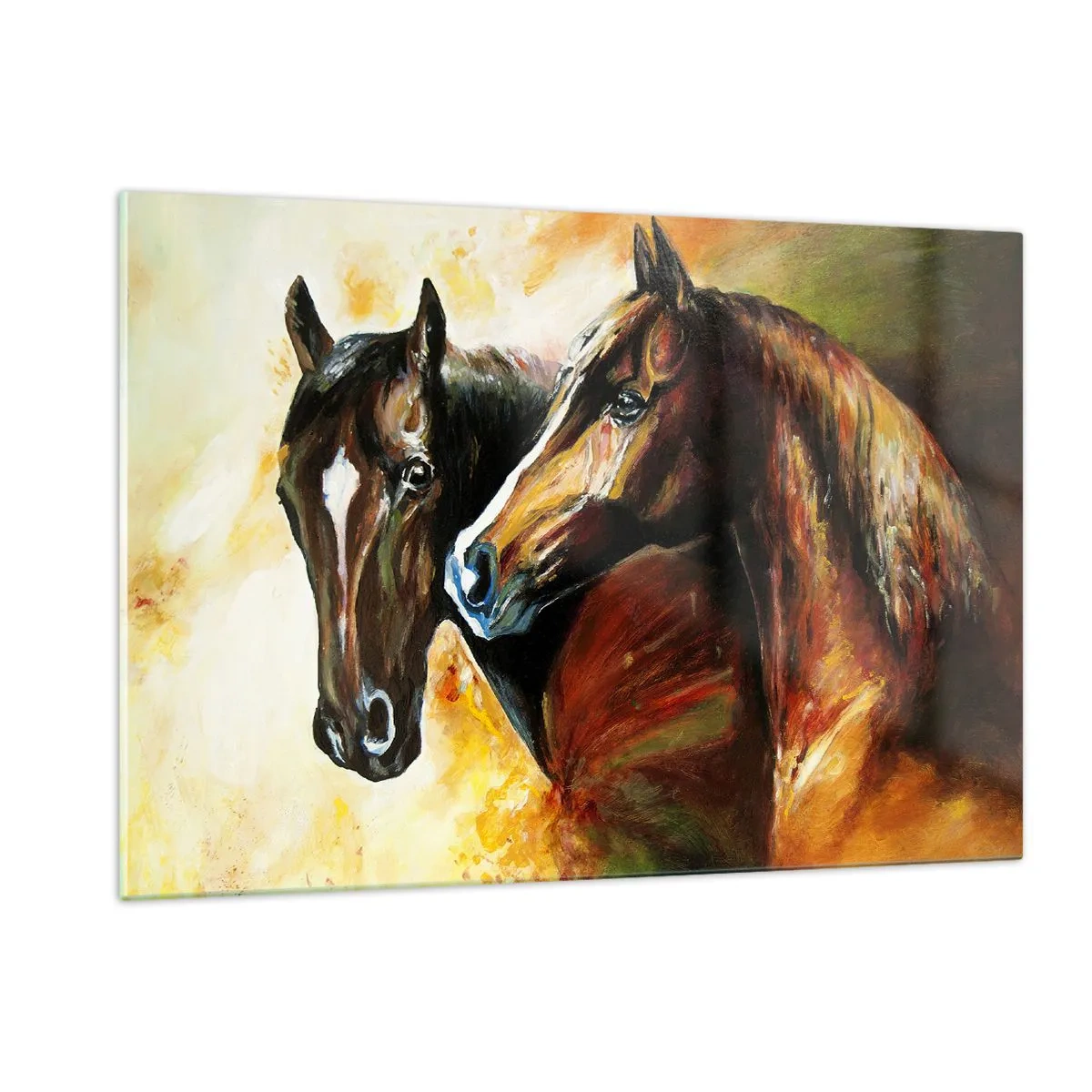 Cuadro sobre vidrio - Impresiones sobre Vidrio - Dos caballos en una composición artística y dinámica. - 120x80cm - El doble de encanto - Decoración de pared moderna para salón y dormitorio ARTTOR