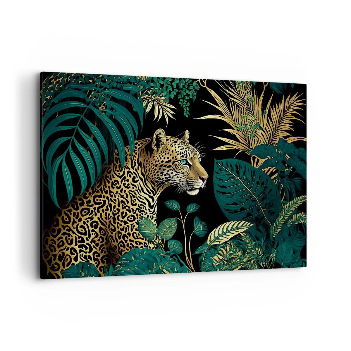 Cuadro sobre lienzo - Impresión de Imagen - Leopardo en hojas tropicales sobre un fondo negro - 120x80cm - El anfitrión en la jungla - Decoración de pared moderna para salón y dormitorio ARTTOR