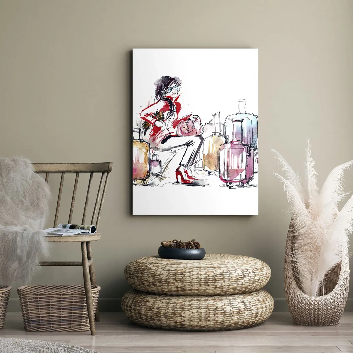 Cuadro sobre lienzo - Impresión de Imagen - Una mujer con maletas en una dinámica ilustración de acuarela. - 50x70cm - Sentémonos antes del viaje - Decoración de pared moderna para salón y dormitorio ARTTOR