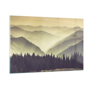 Cuadro sobre vidrio - Impresiones sobre Vidrio - Una vista brumosa de una cadena montañosa con un bosque oscuro en primer plano. - 120x80cm - Más allá de las siete montañas... - Decoración de pared moderna para salón y dormitorio ARTTOR