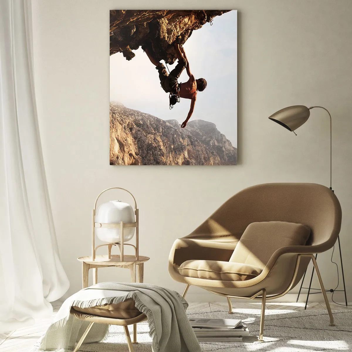 Cuadro sobre vidrio - Impresiones sobre Vidrio - Un escalador en un acantilado escarpado en las montañas bajo el sol. - 80x120cm - Un mundo en la roca - Decoración de pared moderna para salón y dormitorio ARTTOR