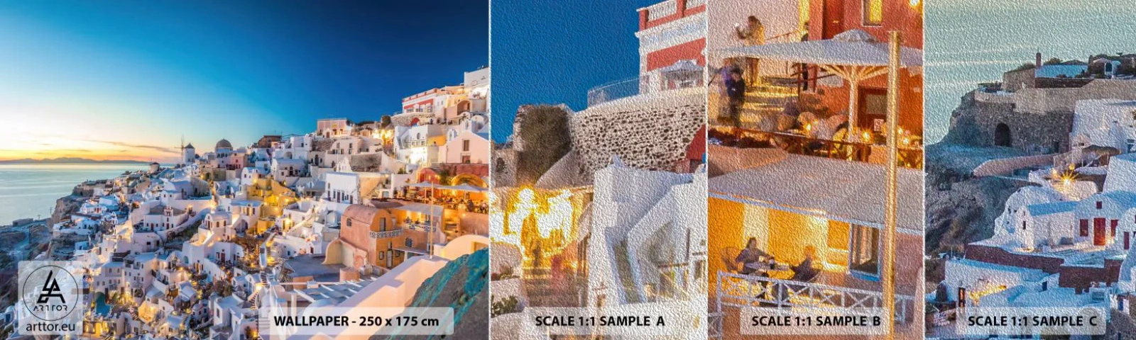 Muestra de fotomural Premium Sand - La esencia de lo griego - Santorini, Arquitectura, Grecia - 100x30 cm