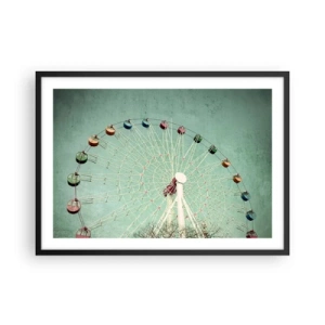 Póster en marco negro - Una noria colorida contra un cielo azul en estilo retro. - 70x50cm - Te invitamos a jugar - Decoración de pared moderna para salón y dormitorio ARTTOR