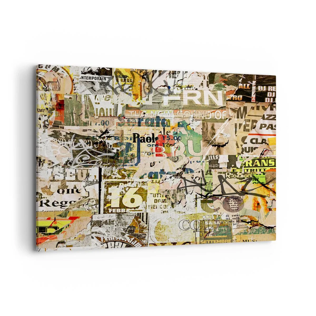 Cuadro sobre lienzo - Impresión de Imagen - Un collage de fragmentos de periódicos y carteles en estilo artístico. - 120x80cm - Oh, está sucediendo... - Decoración de pared moderna para salón y dormitorio ARTTOR