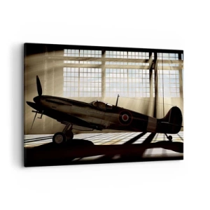 Cuadro sobre lienzo - Impresión de Imagen - Un avión histórico en un hangar iluminado por la luz del sol. - 100x70cm - El descanso del guerrero - Decoración de pared moderna para salón y dormitorio ARTTOR