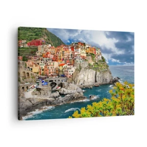 Cuadro sobre lienzo - Impresión de Imagen - Casas coloridas en un acantilado con vistas al mar en Cinque Terre - 70x50cm - En el acantilado - Decoración de pared moderna para salón y dormitorio ARTTOR