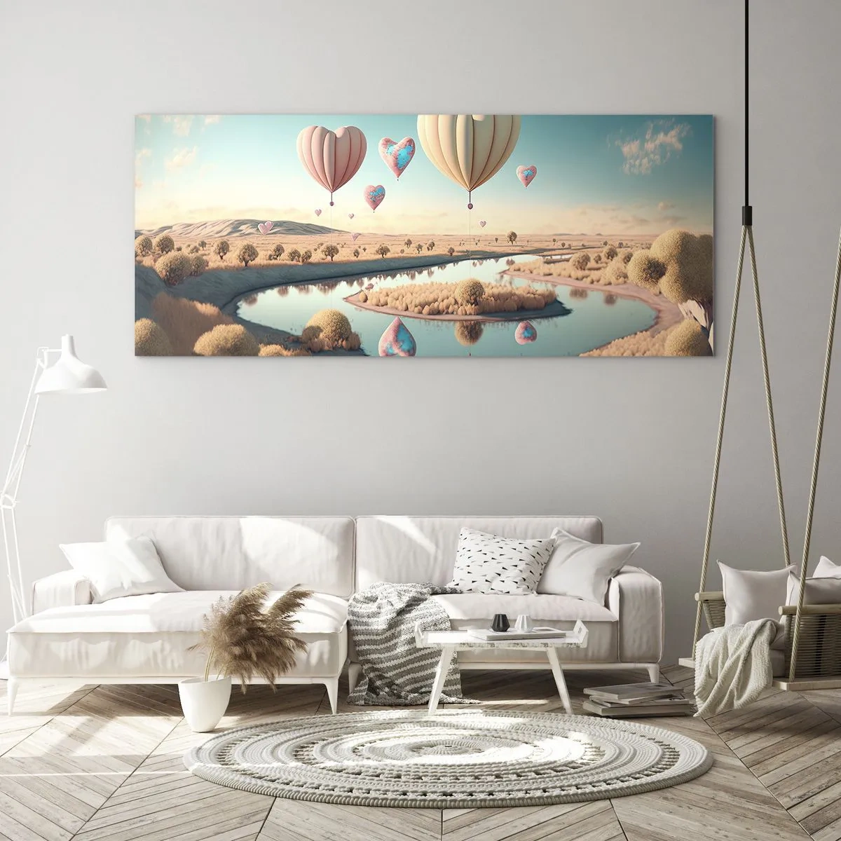 Cuadro sobre vidrio - Impresiones sobre Vidrio - Globos en forma de corazón flotando sobre el paisaje. - 160x50cm - El amor te hace volar - Decoración de pared moderna para salón y dormitorio ARTTOR