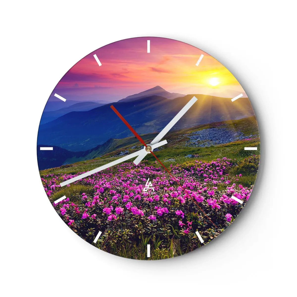 Reloj de pared - Reloj de vidrio - Paisaje de montaña al atardecer con flores florecientes - 30x30cm - ... Y el aroma a hierbas está por todas partes - Decoración de pared moderna para salón, cocina y dormitorio ARTTOR