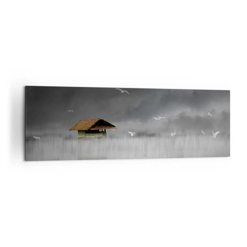 Cuadro sobre lienzo - Impresión de Imagen - Una cabaña solitaria sobre el agua rodeada de niebla y pájaros. - 160x50cm - Resguardo de la lluvia - Decoración de pared moderna para salón y dormitorio ARTTOR