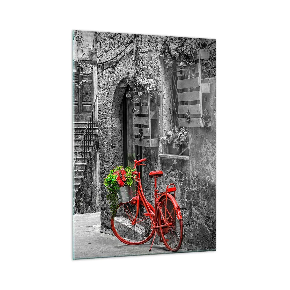 Cuadro sobre vidrio - Impresiones sobre Vidrio - Calle en blanco y negro con una bicicleta roja. - 50x70cm - Callejón de la Toscana - Decoración de pared moderna para salón y dormitorio ARTTOR