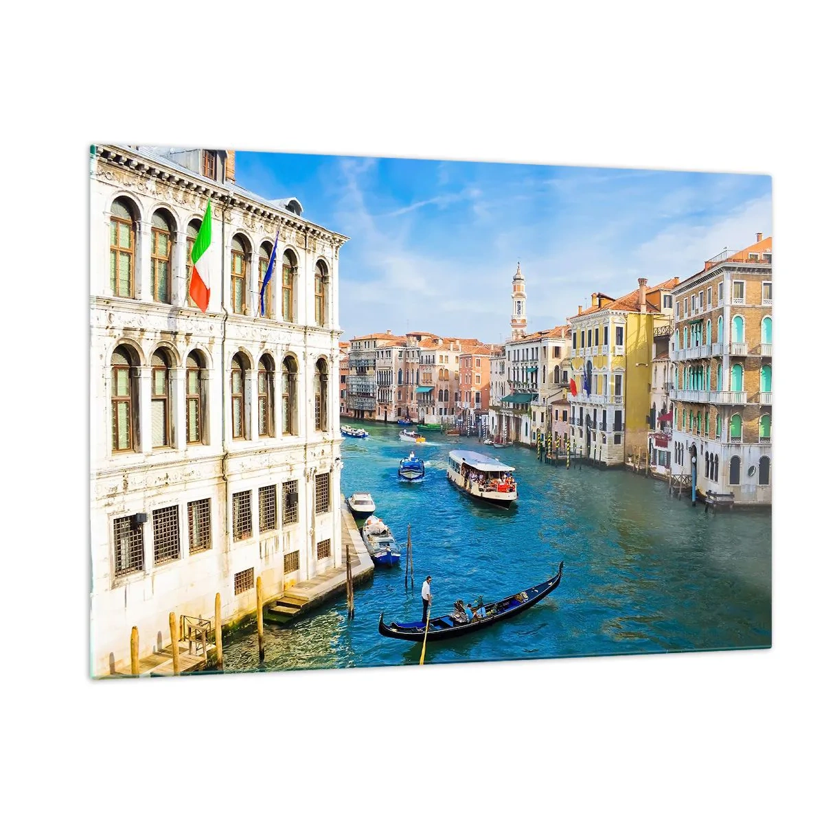 Cuadro sobre vidrio - Impresiones sobre Vidrio - Un canal en Venecia con góndolas y barcos en el agua. - 120x80cm - Tráfico único en el mundo - Decoración de pared moderna para salón y dormitorio ARTTOR