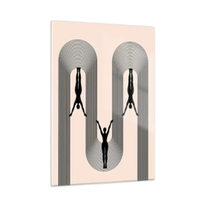 Cuadro sobre vidrio - Impresiones sobre Vidrio - Siluetas negras de figuras suspendidas en arcos rítmicos - 50x70cm - Al revés, o no - Decoración de pared moderna para salón y dormitorio ARTTOR