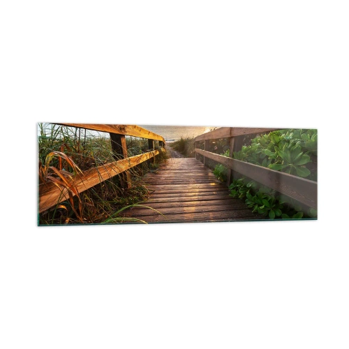 Cuadro sobre vidrio - Impresiones sobre Vidrio - Muelle de madera que conduce a la playa al atardecer - 160x50cm - Y directamente a la orilla - Decoración de pared moderna para salón y dormitorio ARTTOR
