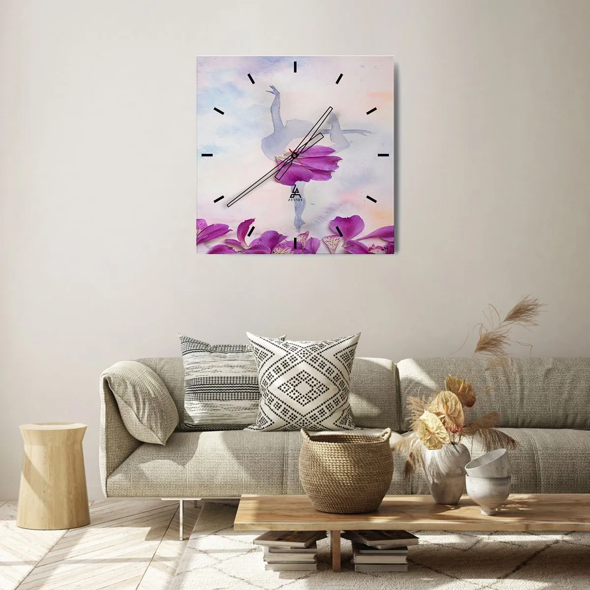 Reloj de pared - Reloj de vidrio - Una bailarina con un vestido de pétalos de flores sobre un fondo pastel. - 30x30cm - Suave como una flor - Decoración de pared moderna para salón y dormitorio ARTTOR