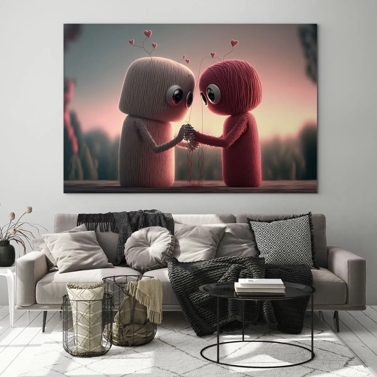 Cuadro sobre vidrio - Impresiones sobre Vidrio - Dos figuras de hilo tomadas de la mano con corazones. - 100x70cm - Todo el mundo puede amar - Decoración de pared moderna para salón y dormitorio ARTTOR