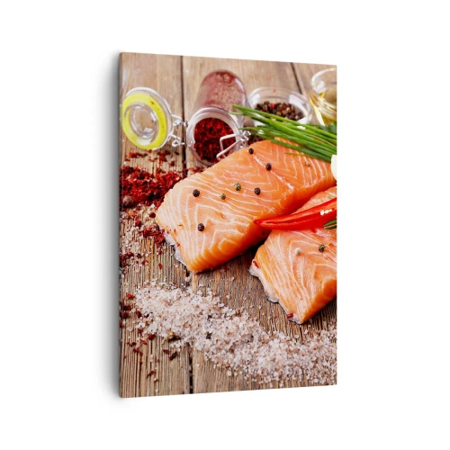 Cuadro sobre lienzo - Impresión de Imagen - Filetes de salmón con especias sobre fondo de madera. - 50x70cm - Una aventura noruega en la cocina - Decoración de pared moderna para salón y dormitorio ARTTOR