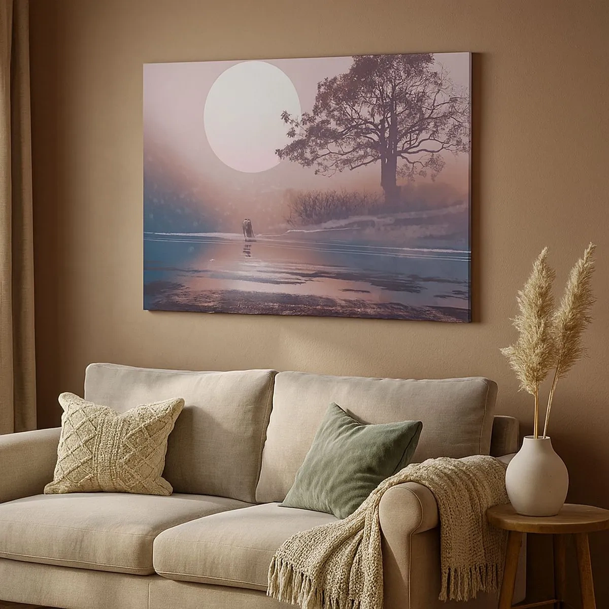Cuadro sobre lienzo - Impresión de Imagen - Escena romántica con la luna y un árbol junto al agua. - 70x50cm - Rarezas nocturnas - Decoración de pared moderna para salón y dormitorio ARTTOR