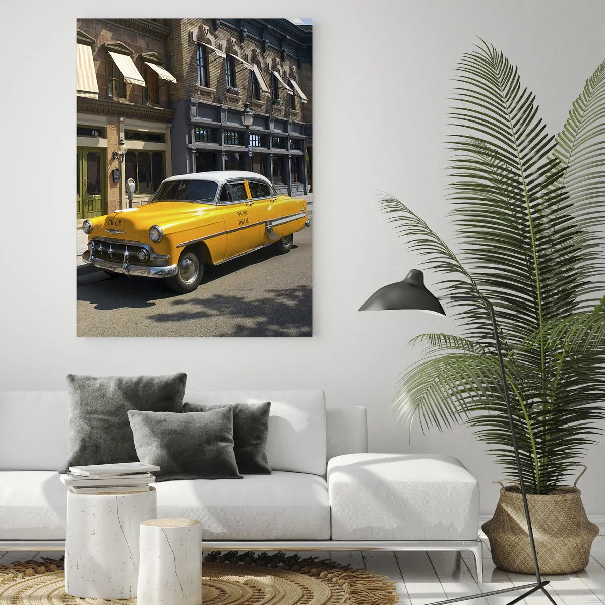 Cuadro sobre vidrio - Impresiones sobre Vidrio - Un taxi amarillo en una calle bordeada de casas de vecindad. - 80x120cm - Érase una vez en América - Decoración de pared moderna para salón y dormitorio ARTTOR