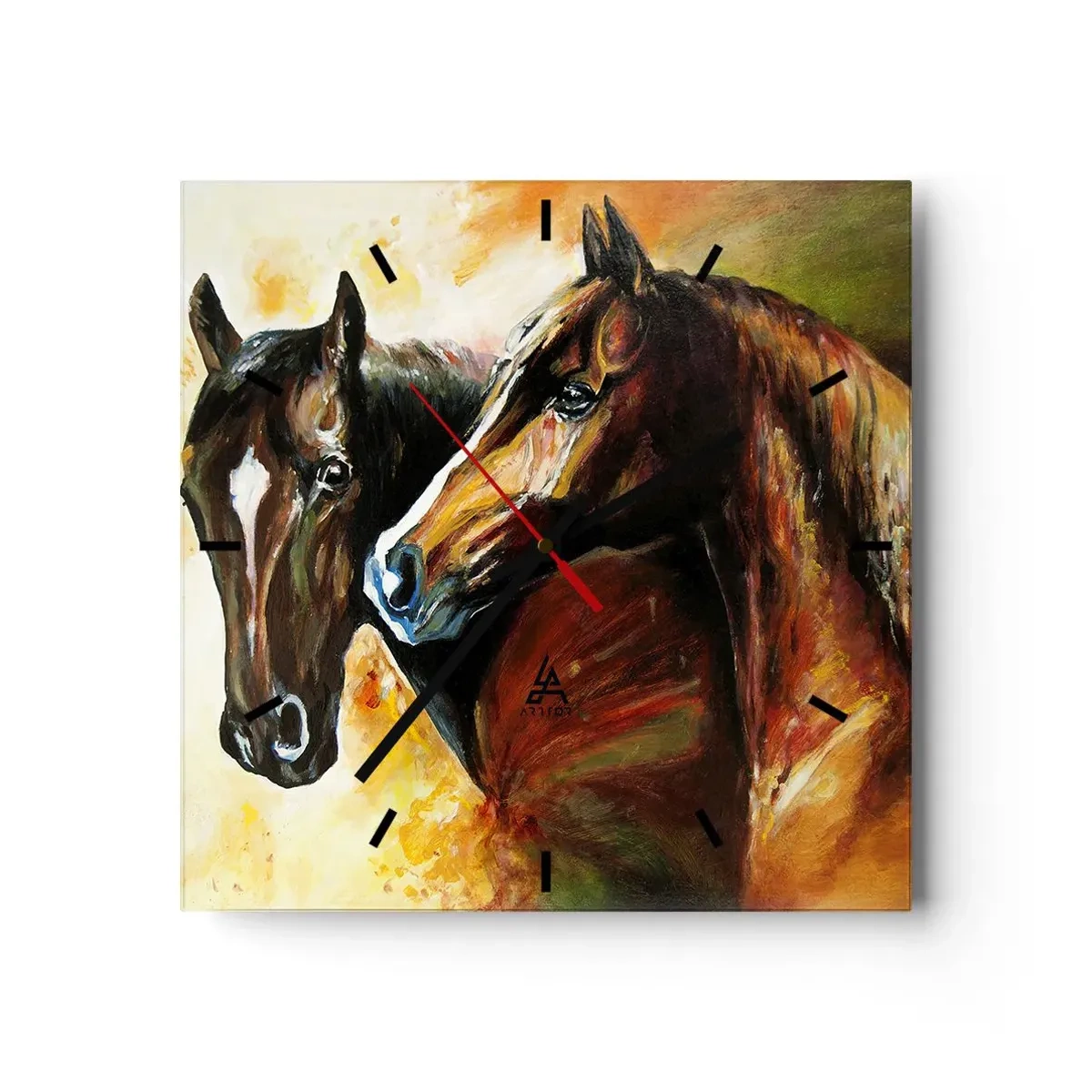 Reloj de pared - Reloj de vidrio - Un par de caballos en una composición pictórica - 30x30cm - El doble de encanto - Decoración de pared moderna para salón y dormitorio ARTTOR
