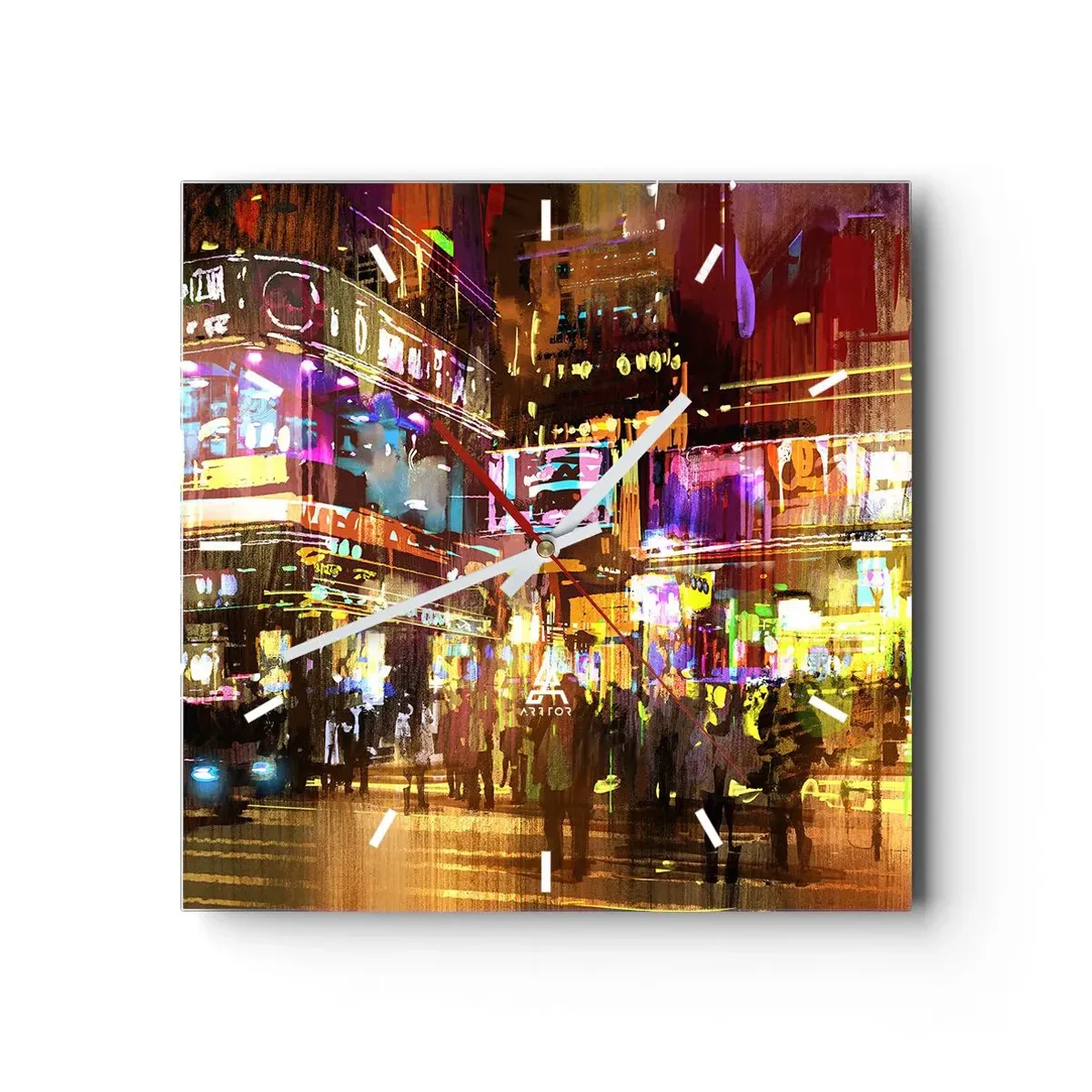 Reloj de pared - Reloj de vidrio - Una ciudad vibrante por la noche bajo la luz de neón. - 30x30cm - En un mar de luz - Decoración de pared moderna para salón y dormitorio ARTTOR