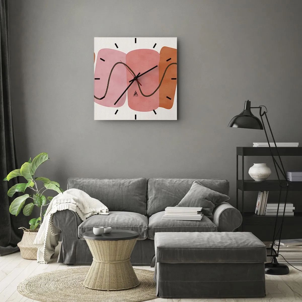 Reloj de pared - Reloj de vidrio - Formas abstractas en tonos rosa y naranja. - 30x30cm - Suave movimiento de formas - Decoración de pared moderna para salón y dormitorio ARTTOR