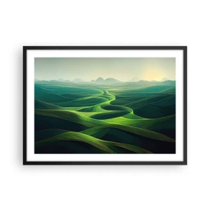 Póster en marco negro - Colinas verdes con senderos ondulados - 70x50cm - Valles en tonos verdes - Decoración de pared moderna para salón y dormitorio ARTTOR