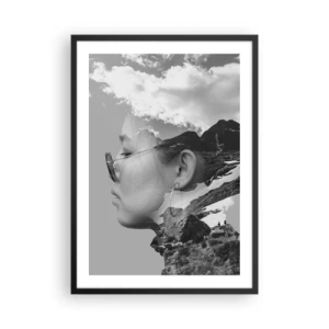 Póster en marco negro - Retrato en blanco y negro con un paisaje de montaña y nubes. - 50x70cm - Retrato sobre montañas y nubes - Decoración de pared moderna para salón y dormitorio ARTTOR