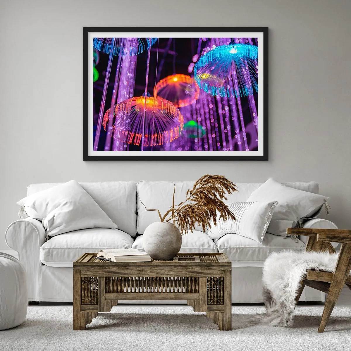 Póster en marco negro - Medusas luminosas y coloridas en un entorno oscuro. - 100x70cm - Fuente luminosa - Decoración de pared moderna para salón y dormitorio ARTTOR