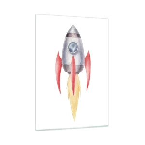 Cuadro sobre vidrio - Impresiones sobre Vidrio - Un cohete colorido volando por el espacio. - 50x70cm - Más alto, más rápido, más lejos - Decoración de pared moderna para salón y dormitorio ARTTOR