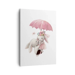 Cuadro sobre lienzo - Impresión de Imagen - Lindos conejitos bajo una sombrilla rosa - 50x70cm - Esto es amor - Decoración de pared moderna para salón y dormitorio ARTTOR